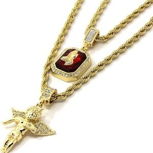 Mens Gold Angel & Praying Hands Iced Out Chain Set for Men